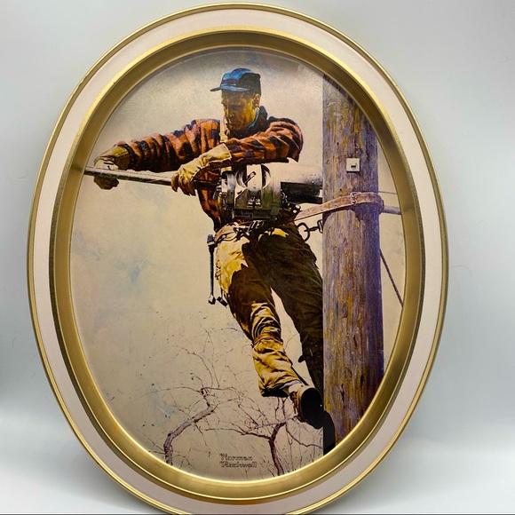 Norman Rockwell the lineman vintage gold plate tray display decor piece